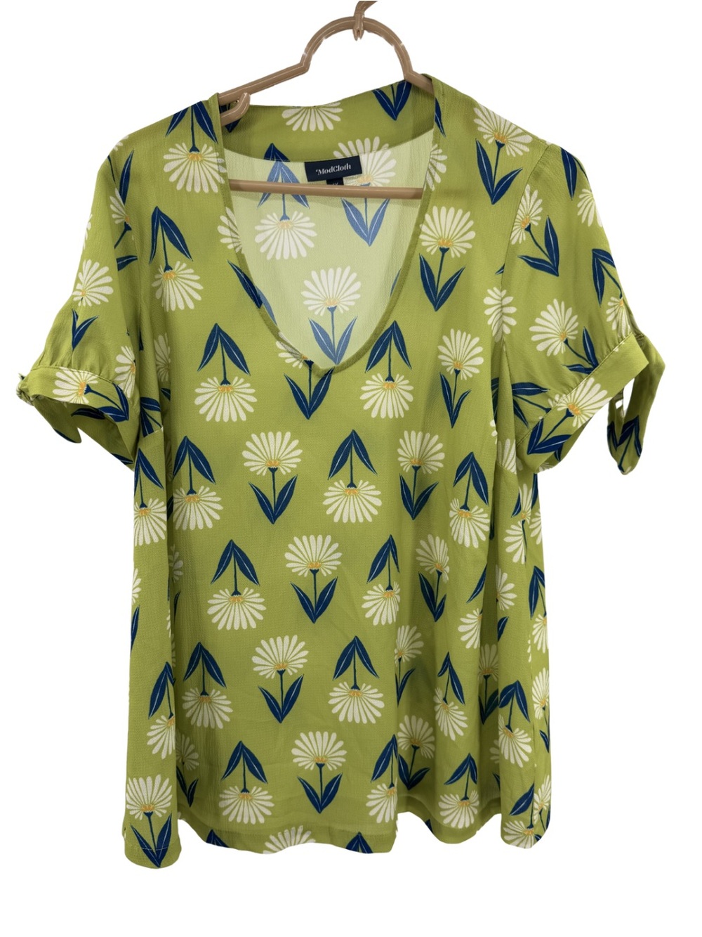 ModCloth Olive Green Floral V-Neck Blouse